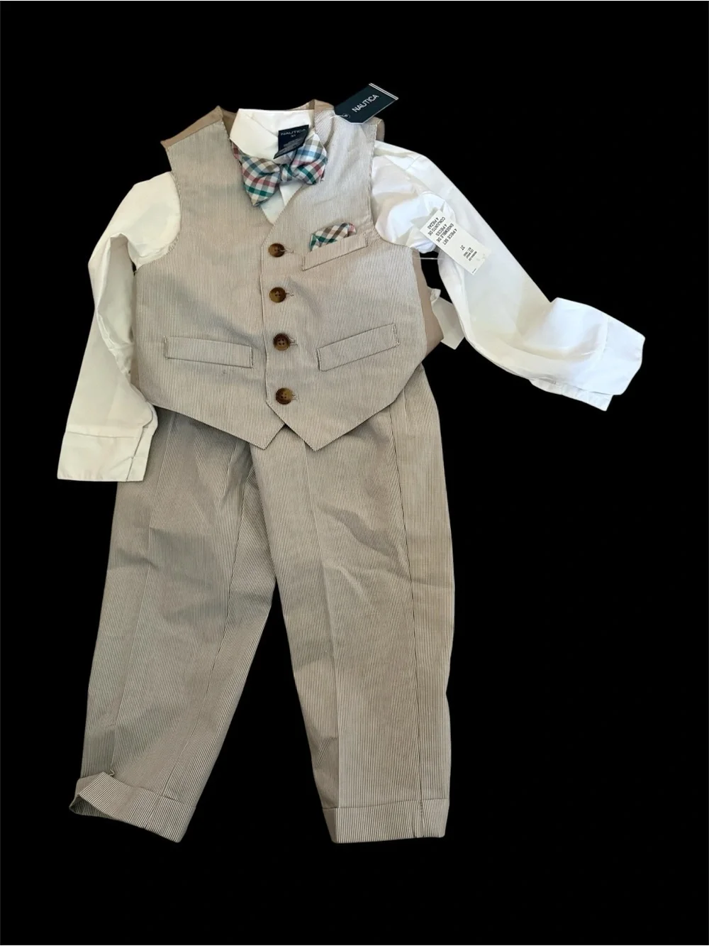 Nautica Boys Tan Pinstripe Vest & Trouser Set with Plaid Bow Tie